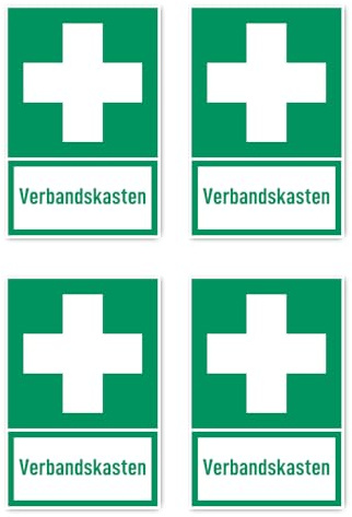 Aufkleber: 112.5x75 mm, 4 Stück - Verbandskasten - Rettungszeichen mit Text (deutsch) (grün/weiß) - hochkant - E003 - DIN EN ISO 7010 / ASR A1.3