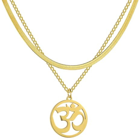 AB India Crafts Dezenter Anhänger Mantra Om Aum Symbol mit dekorativer Doppel Kette geprüfter Edelstahl Farbe silber in Schmuckbox | Indien Spiritualität Meditation Yoga