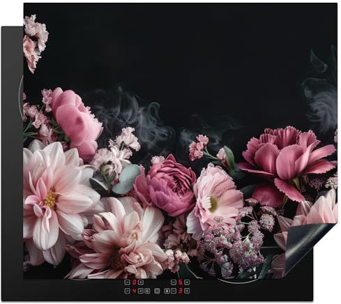 KitchenYeah© Herdabdeckplatte Einteilig Ceranfeld Abdeckplatte Küche Deko | 60x52 cm - Ceranfeldabdeckung Herdabdeckung Induktionsmatte Blumen - Rosa - Natur - Schwarz
