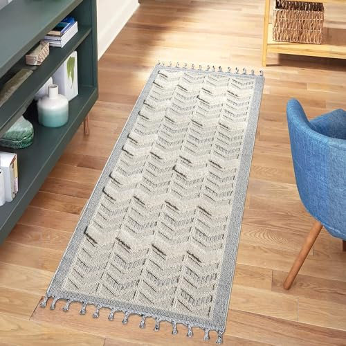 carpet city Teppich Läufer Boho Flur - Creme, Graublau - 80x300 cm - Geometrisches Muster - Relief-Optik, 3D-Effekt - Cut-&Loop, Sisal - Moderne Fransen-Teppiche Schlafzimmer
