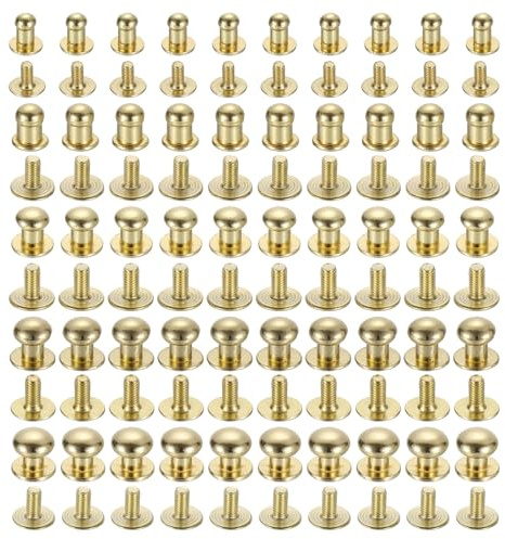 sourcing map 4/5/6/7/8mm Ball Head Stud Rivets Screw Back, 50Pack Round Head Button Nipple Rivet for DIY Leather Craft Handbag Belt, Light Golden