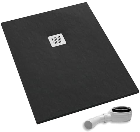 AQUABAD Duschwanne/Duschtasse Palast mit LeakProtect Technologie Black Stone 90x100cm Rechteck - Blende: polierter Stahl | inkl. Ablaufgarnitur/Siphon