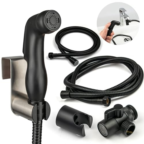 Black Portable Bidet Sprayer Kit | Brass Shattaf Diverter | 1.2m & 2m Hoses | Bidet Shower Head for Toilet and Bathroom | Suitable with Most Taps | Spray Holders, Wall Mount, Hook, Hygiene Douche