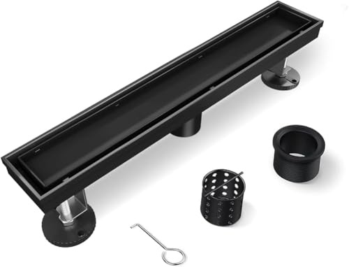 HTOH Drenaje de ducha, desagüe de ducha lineal negro de 18 pulgadas con rejilla de inserción de azulejos extraíble, 2 en 1, moderno desagüe de acero inoxidable 304 negro mate con pies ajustables,