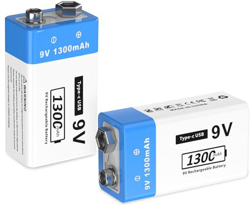 Batería recargable de 9 V, 1300 mAh, 9 V, iones de litio, batería de 9 V, para detector de humo, alarma de fuego, micrófono, multímetro, etc. (2 unidades)