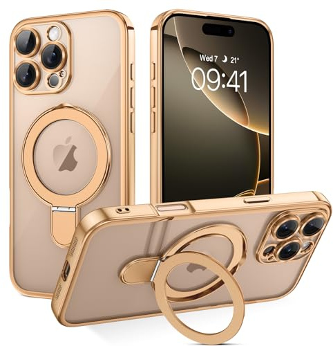 BENTOBEN Magnetic Case for iPhone 16 Pro, Invisible Ring Stand Clear Back Soft TPU Plating Edge Military Grade Protection Shockproof Cover for iPhone 16 Pro, Desert Titanium
