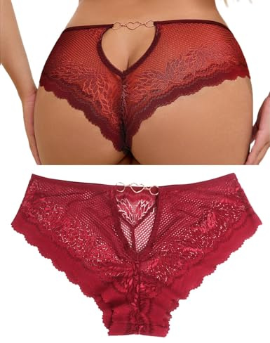 ohyeahlady Sexy Lace French Knickers Plus Size Thong Panties Womens Back Cut Out Brazilian Cheeky Underwear with Heart Shaped Chain Breathable Hipster Briefs S-2XL