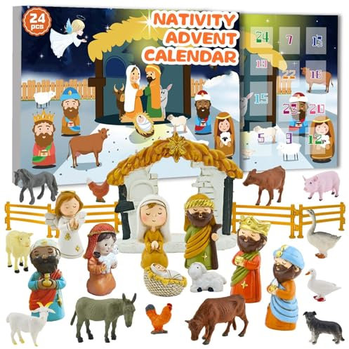 Adventskalender 2024 Krippenfiguren Set, 24 Tage Nativity Scene Weihnachtskalender 2024, Krippe Weihnachten Aus Hochwertigen Harz, Weihnachtskrippe Sicherer Und Langlebiger (A)