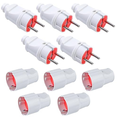 5 paia di connettori Schuko, 250 V, 16 A, IP20, in gomma, per esterni, spina a contatto di protezione, spina a 2 poli, impermeabile, bianco, spina Schuko e giunto in gomma senza cavo