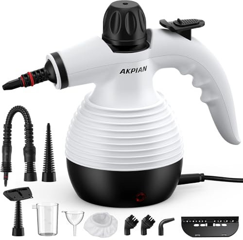 AKPIAN Pulitore a vapore a mano, pulitore a vapore, vapore, pulitore a vapore portatile multiuso con serratura di sicurezza e set di accessori da 10 pezzi per rimuovere sporco, grasso