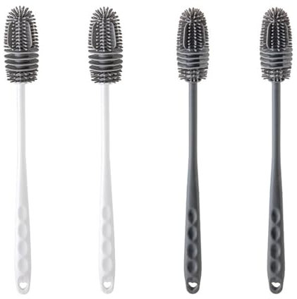 Kit di pulizia multiuso 4 pezzi spazzole silicone flessibile manici estesi (grigio/bianco, sicuro biberon, attrezzi sportivi bicchieri, design BPA-free)