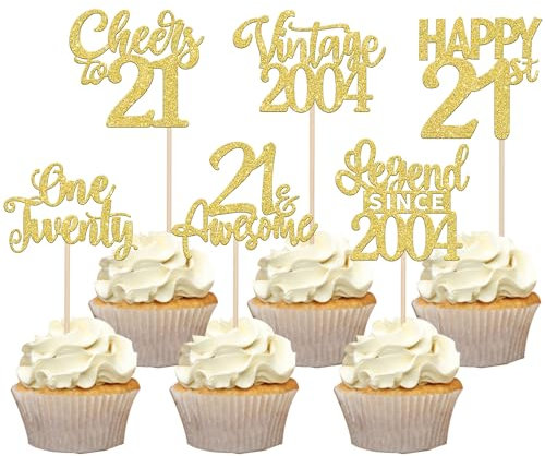 SYKYCTCY 24 Pack 21st Birthday Cupcake Toppers Glitter Legend Since 2004 Cupcake Picks Twenty-One Happy 21st Vintage 2004 Cake Decorations for Cheers to 21 Years Birthday Party Decorations Supplies