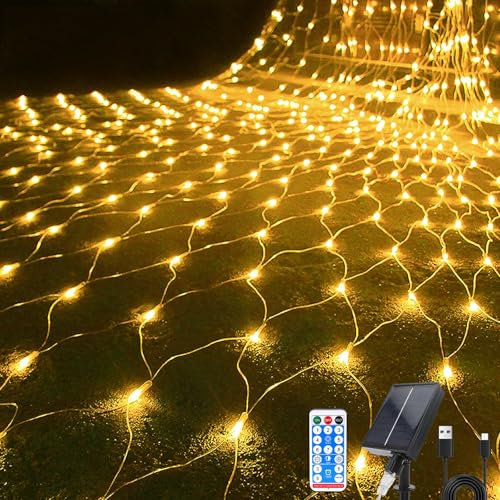 Hulaiyaa Wasserdichte Lichter Kette Netz Solar 192 LEDs, 2 * 3M Fernbedienung Net Lichterketten mit Timer, 8 Modi Lichternetz Außen fur Weihnachts Büsche Garten, Lichterkette Außen Netz Baum