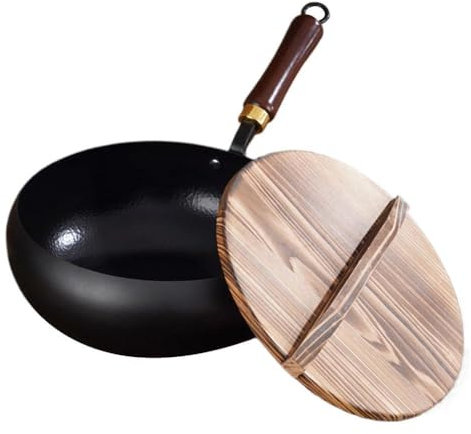 Padella in ferro giapponese con coperchio in legno, padella antiaderente forgiata a mano, padelle da 20 cm senza rivestimento chimico fondo piatto Wok cinese per stufe elettriche, a induzione, a gas