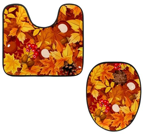 VAPOKF Lot de 2 tapis contour WC en forme de U et housse pour abattant de WC, tapis de salle de bain en flanelle douce et antidérapante, motif feuille d'érable d'automne