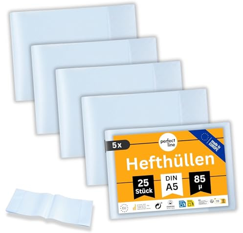 perfect line 125 Heft-Hüllen QUERFORMAT DIN-A5, Heftumschlag transparent & genarbt, Heftschoner aus recyclebarem Polypropylen (PP), MADE IN GERMANY, (5 Sets á 25 Stk.)