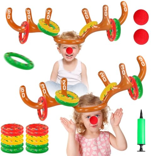 Aufblasbares Rentiergeweih-Spiel, Weihnachten Aufblasbares Ringwurfspiel, Rentier Geweih Aufblasbar, 2 Stück Aufblasbares Geweih mit 12 Ringe und 1 Luftpumpe, Kinder Wurfringen für Weihnachtsfeiern