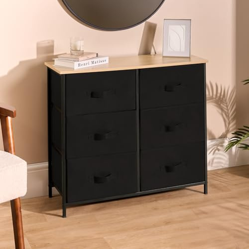 OHS 6 Chest of Drawers Bedroom, Canvas Drawers Storage Organiser Fabric Cabinet with Sturdy Frame & Wood Top Space Saving Dresser Drawer for Living Room Closet - Black