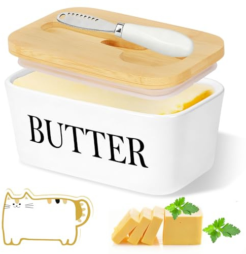 ZUSUZU Beurrier en Porcelaine,Boîte à Beurre avec Couvercle en Bambou,Couteau à Beurre,avec éponge de nettoyage,Scellée Beurrier Utilisé pour Placer du Beurre du Fromage Fruit Salade