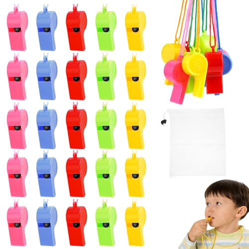 60 Piezas Silbatos Plástico, 5 colores Silbatos de plástico para Niños, Silbatos con Cordón, Unisex, Silbato Arbitro Profesional, para Entrenadores, Salvavidas, Escuela, Concurso de Grupo, Boda