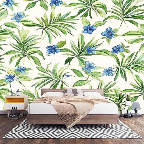 Fotomurales Decorativos Hojas de Palma Flores Azules Papel Pintado Pared 450x315 cm Verde Claro Papel Pintado Tejido No Tejido Decoración de Pared, Salones, Habitaciones Moderna Fotográfico