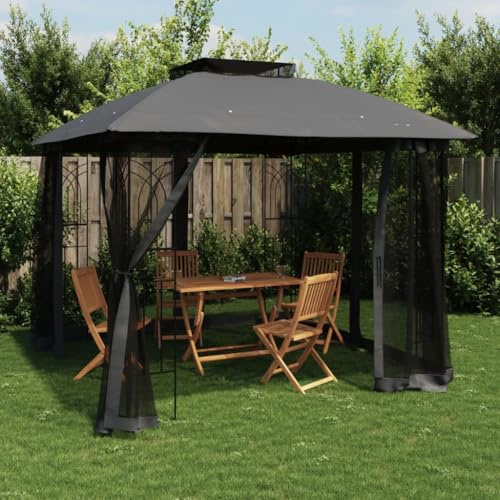 Gazebo Tonnelle de barbecue avec double toit et parois en filet Anthracite 2,94 x 2,94 m Acier pour cour, jardin et terrasse