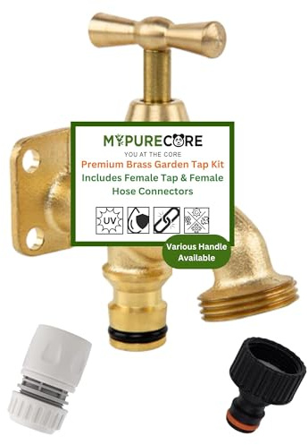 MYPURECORE Brass Garden Tap Kit with Hose Connectors – 3/4 BSP Outdoor Bib Tap, Female Tap Connector & Female Hose Connector, Quick Connect Water Tap Set for Garden & Irrigation (Classic Handle)