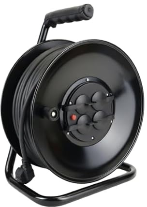 Silver Electronics - Enrollacables profesional 30 m, IP44, 4 tomas Schuko con toma de tierra, cable 100% cobre H05VV-F 3G2,5 mm², 16 A, 3600 W desenrollado, tambor metálico negro