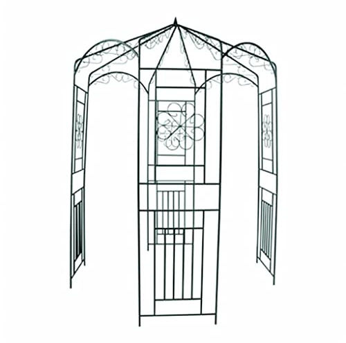 Metallpavillon 250 cm hoch, 160 cm breit, Rosenpavillon aus wetterbeständigem Schmiedeeisen, stabile Rankhilfe für Kletterpflanzen, romantische Ornamente, dunkelgrün