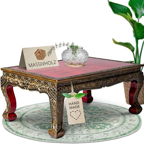 livasia Opiumtisch aus Massivholz – 75x50x30cm – Handgeschnitzter Beistelltisch Holz aus Thailand, Nachhaltig, das besondere Wohnhighlight mit Gold Verzierungen