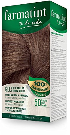 Farmatint 5D Castaño Claro Dorado. Tinte permanente. Cabello natural y color duradero. Sin amoníaco ni parabenes ni parafinas ni siliconas.