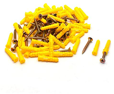 100 Sets Small Yellow Plastic Expansion Tube Expansion Plug with Self-Tapping Screws Self Drilling Screws Wall Expansion Plug