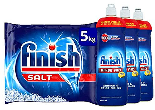Finish Dishwasher Salt 5kg Dishwasher Rinse Aid Lemon 800ml, Pack of 3