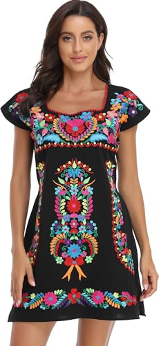 YZXDORWJ Women Mexican Embroidered Dress Short Sleeve (M, 629BKR)