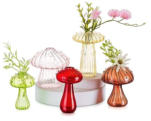 Hewory Mushroom Bud Vases for Flowers: 5 Mushroom Shaped Flower Vase Small Vases for Table Decoration, Coloured Glass Vase for Room Decor Home Bedroom Living Room