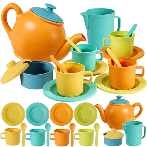 AOLEVA Kids Plastic Tea Sets Toys for Children 3 4 5 Years Old Pretend Play Tea Pot Toy Kitchen Cutlery Dishes Plates Cups Set Accessories Birthday Gifts for Toddler Kids Boys and Girls