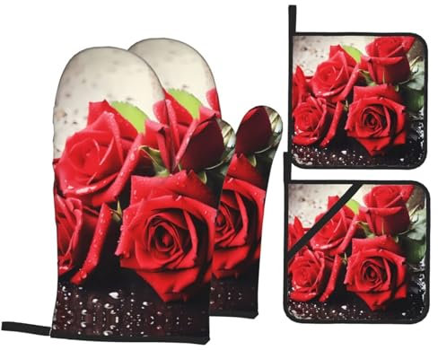 Ensemble de gants de cuisine et maniques imperméables et résistants à la chaleur Motif fleurs rouges