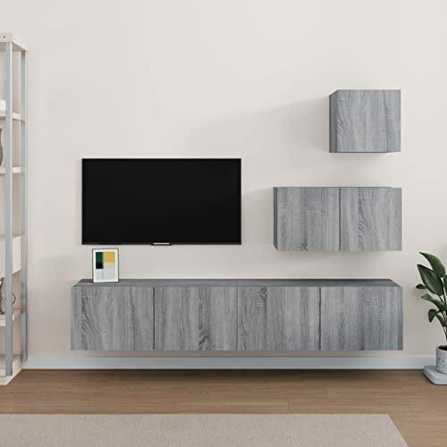 Homgoday Meuble TV salon, ensemble de meubles pour TV de salon, 4 pièces, gris sonoma en bois, multicouche, table pour TV, meuble TV salon, meuble bas pour TV de salon industriel, support TV xx