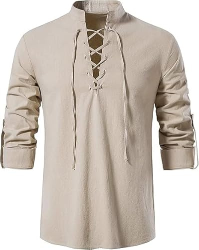 Enlision Chemises en Coton et Lin pour Hommes à Lacets, Costume médiéval Vintage à Manches Longues, Chemise Kilt Classique écossaise Jacobite Ghillie Kaki XL