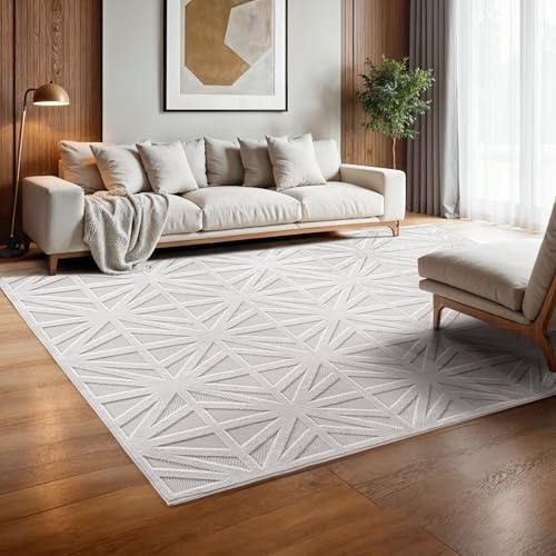 SIMPEX Indoor Outdoor Teppich wetterfest 280x370 cm, 3D Optik, Rauten Design, waschbar, wetterbeständig, Natur Creme Farbe, Wohnzimmer, Terrasse, großer Teppich