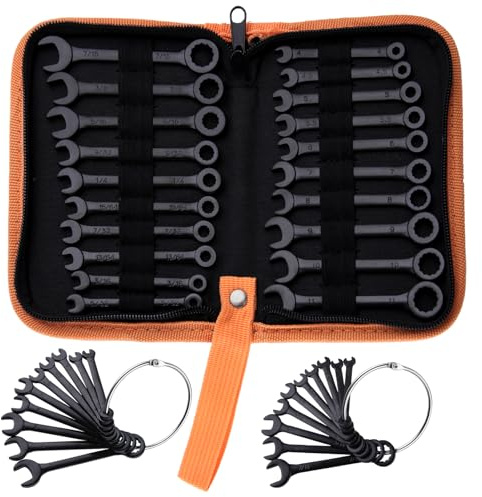 LEONTOOL Mini Wrench Set Metric and SAE 20-Piece Ignition Wrench Set, 4mm-11mm & 5/32-7/16 Open End and Box End Combination Wrench Kit Super Thin Small Spanner with Zipper Bag and Key Ring, Black