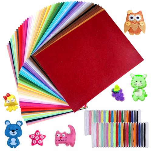 moinkerin Bastelfilz 50 Stücke Filzstoff 20X30CM Filz zum Basteln mit Nähzubehör für DIY Projekt Bunte Filz Blätter Felt Fabric für Kinder Starterset Filzplatten für Handwerk Nähen Manual Decoration