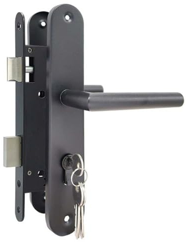 Einsteckschloss Gartentür Set Schwarz – Türschloss 85 mm Entfernung Dornmaß 45 mm inkl Edelstahl Griff Türschild Zylinder 40/40 mit 3 Schlüsseln