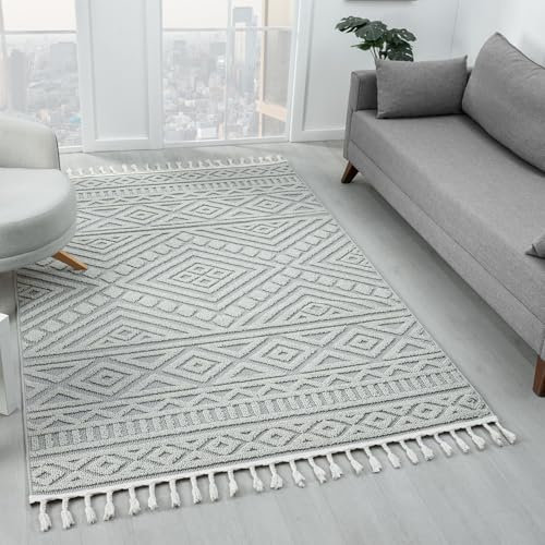 VIMODA Teppich Boho Wohnzimmer, Schlafzimmer, Fransen Skandinavisch, Waschbarer Teppich 3D, Farbe:Grau, Maße:120x170 cm
