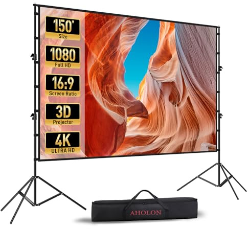 AHOLON Projector Screen with Stand - 150 Inch Projector Screen Outdoor Indoor Projector Screens 16:9 4K HD Outdoor Movie Screen with Carry Bag,Enioy Home Theater Projection Screen