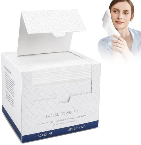Toallitas Faciales XL, Toallita Facial Desechable, Toallitas Desmaquillantes y Limpieza Facial, Biodegradables Toallas Facial, Ultrasuaves para Piel Sensible, 50 unidades,1 Paquete