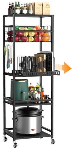 Housolution 5 Tier Kitchen Rolling Cart, Storage Cart with Metal Fruit Vegetable Basket and Pull-Out Pot Lid Cutting Board Organizer, Storage Rack with Wooden Top for Kitchen, Pantry, Bathroom