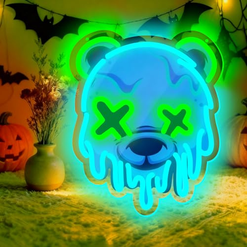Smältande björnhuvud UV-tryck neonskylt LED-skylt för väggdekor anime björnformad neonbelysning för sovrum bar pub herrgrottor underhållning spelrum med dimbar USB-driven (5 V 10,6 x 13 tum)