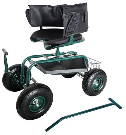 Relaxdays fahrbarer Gartensitz, höhenverstellbar, 150 kg, Stauraum, Lenkstangen, Sitzkissen, Lehne, Gartenwagen, grün