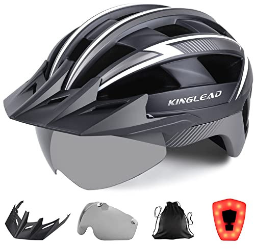 KINGLEAD Fahrradhelm mit Visier für Herren Damen - Leichte Fahrradhelm mit Magnetischem Brille und USB Aufladung LED Licht, Rennradhelm für Erwachsenen Herren Damen